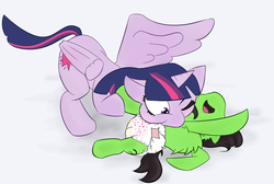 Size: 1266x850 | Tagged: safe, artist:lazynore, twilight sparkle, oc, oc:filly anon, alicorn, pony, g4, diaper, female, filly, foal, mama twilight, mare, pissing, raspberry, tickling, tummy buzz, twilight sparkle (alicorn), urine, wet diaper, wetting