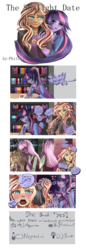 Size: 1024x2973 | Tagged: safe, artist:philota, cheerilee, sunset shimmer, twilight sparkle, human, equestria girls, g4, comic, cyoa, female, humanized, lesbian, library, pony coloring, ship:sunsetsparkle, shipping, uncanny valley