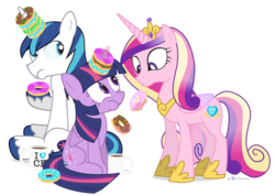 Size: 1125x800 | Tagged: safe, artist:dm29, princess cadance, shining armor, twilight sparkle, alicorn, pony, g4, bread, coffee, donut, eating, eye contact, female, food, frown, horn, horn grab, levitation, magic, mare, mug, puffy cheeks, simple background, sitting, telekinesis, transparent background, trio, twilight sparkle (alicorn), wide eyes