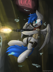 Size: 1280x1731 | Tagged: safe, artist:blvckmagic, oc, oc only, oc:wingedthoughts, pegasus, pony, fallout equestria, fallout, firing, flying, m14 ebr, mercenary, nuka cola, screaming