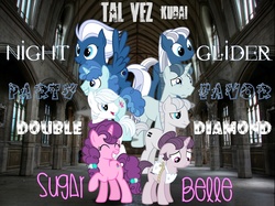 Size: 1400x1046 | Tagged: safe, artist:1sweettooth, double diamond, night glider, party favor, sugar belle, earth pony, pegasus, pony, unicorn, g4, album cover, equal four, equalized, equalized mane, group shot, happy, irl, parody, photo, ponies in real life, sad, vector