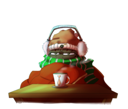 Size: 1400x1200 | Tagged: safe, artist:pimander1446, oc, oc only, oc:squeaky pitch, blanket, chocolate, cold, earmuffs, food, hot chocolate, solo, winter outfit