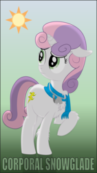 Size: 3000x5313 | Tagged: safe, artist:eagle1division, sweetie belle, oc, oc:snowglade, a world apart, fanfic:tapestry: a world apart, g4, alternate cutie mark, alternate name, alternate timeline, alternate universe, army, clothes, dog tags, fanfic art, female, floppy ears, fluffy, knife, military, older, scarf, solo, vector