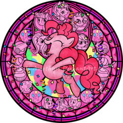 Size: 2100x2100 | Tagged: safe, artist:akili-amethyst, applejack, cheese sandwich, fluttershy, gummy, maud pie, pinkie pie, rainbow dash, rarity, twilight sparkle, g4, candy, cupcake, disney, dive to the heart, eyes closed, food, high res, kingdom hearts, mane six, open mouth, party cannon, solo focus, stained glass, watermark