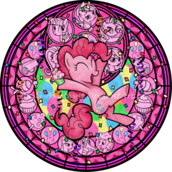 Size: 2100x2100 | Tagged: safe, artist:akili-amethyst, applejack, cheese sandwich, fluttershy, gummy, maud pie, pinkie pie, rainbow dash, rarity, twilight sparkle, g4, candy, cupcake, disney, dive to the heart, eyes closed, food, high res, kingdom hearts, mane six, open mouth, party cannon, solo focus, stained glass, watermark