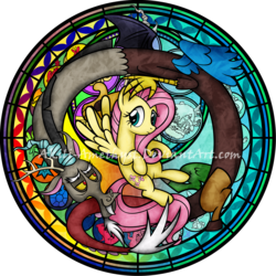 Size: 2100x2100 | Tagged: safe, artist:akili-amethyst, angel bunny, applejack, discord, fluttershy, mr. beaverton beaverteeth, pinkie pie, rainbow dash, rarity, spike, twilight sparkle, g4, bedroom eyes, cutie mark, disney, dive to the heart, element of kindness, elements of harmony, fluttershy's cottage, high res, kingdom hearts, mane seven, mane six, smiling, stained glass, watermark