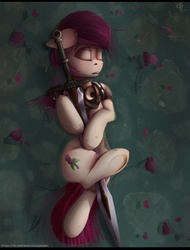 Size: 820x1080 | Tagged: safe, artist:apostolllll, roseluck, earth pony, pony, g4, female, flower, mare, rose, solo, sword, water, weapon