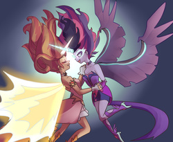 Size: 1100x900 | Tagged: safe, artist:misochikin, sci-twi, sunset shimmer, twilight sparkle, equestria girls, g4, my little pony equestria girls: friendship games, daydream shimmer, eyes closed, female, horn, horns are touching, lesbian, midnight sparkle, midnightdaydream, pixiv, ship:sci-twishimmer, ship:sunsetsparkle, shipping