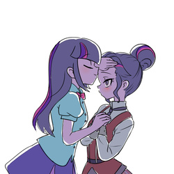 Size: 900x900 | Tagged: safe, artist:misochikin, sci-twi, twilight sparkle, equestria girls, friendship games, blushing, duality, female, kissing, lesbian, pixiv, self ponidox, selfcest, shipping, story in the comments, twitwi, twolight