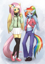 Size: 1000x1407 | Tagged: safe, artist:howxu, fluttershy, rainbow dash, pegasus, anthro, g4, belly button, clothes, duo, female, hoodie, looking at you, midriff, pants, pleated skirt, ponytail, shoes, short shirt, skirt, smiling, socks, thigh highs, zettai ryouiki