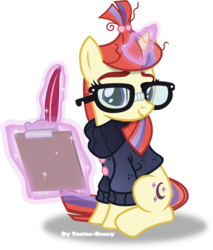 Size: 3394x3982 | Tagged: safe, artist:vector-brony, moondancer, pony, unicorn, g4, clipboard, clothes, cute, dancerbetes, female, glasses, high res, levitation, looking at you, magic, mare, quill, simple background, sitting, smiling, solo, sweater, telekinesis, transparent background, vector