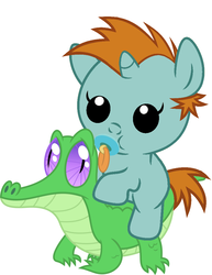 Size: 786x1017 | Tagged: safe, artist:red4567, gummy, snips, pony, g4, baby, baby pony, baby snips, cute, pacifier, ponies riding gators, recolor, riding, snips riding gummy, weapons-grade cute