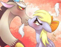 Size: 1800x1400 | Tagged: safe, artist:joakaha, derpy hooves, discord, pegasus, pony, g4, blushing, crack shipping, derpcord, female, kissing, male, mare, shipping, straight