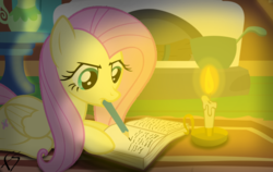 Size: 1140x720 | Tagged: safe, artist:facelesssoles, fluttershy, g4, candle, female, mouth hold, solo, writing