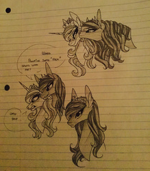 Size: 1280x1459 | Tagged: safe, artist:galaxia111unicorn, pony, unicorn, apple white, ever after high, female, hex ya later, lesbian, lined paper, monochrome, ponified, raven queen, traditional art