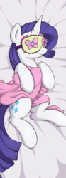 Size: 398x1067 | Tagged: safe, artist:theparagon, rarity, pony, unicorn, g4, :t, blanket, body pillow, cute, female, mare, on back, on side, raribetes, sleep mask, sleeping, smiling, solo