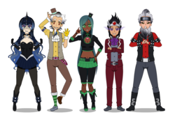 Size: 1600x1136 | Tagged: safe, artist:kathara_khan, discord, king sombra, lord tirek, nightmare moon, queen chrysalis, human, g4, antagonist, belly button, belt, blue jeans, boots, breasts, cleavage, clothes, dark skin, eyeshadow, female, fishnet stockings, glowing eyes, group, hat, humanized, jeans, jewelry, kisekae, makeup, midriff, necklace, pants, shorts, simple background, skirt, socks, striped socks, vest, waving, white background