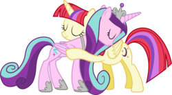 Size: 1600x883 | Tagged: dead source, safe, artist:wolfangelmoon, moondancer, princess cadance, starlight glimmer, twilight sparkle, alicorn, pony, g4, alicornified, alternate universe, clothes, duo, eyes closed, female, hoof shoes, hug, jewelry, mare, moondancercorn, race swap, recolor, regalia, shoes, simple background, starlicorn, transparent background, twilight sparkle (alicorn)