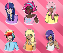 Size: 811x682 | Tagged: safe, artist:kryptoniterogue, applejack, fluttershy, pinkie pie, rainbow dash, rarity, twilight sparkle, human, g4, alternate hairstyle, clothes, dark skin, diversity, earring, gijinka, hair over one eye, hairband, humanized, lipstick, mane six, necklace, pearl necklace, piercing, tank top, tracksuit, trans fluttershy, transgender