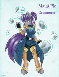 Size: 1275x1650 | Tagged: safe, artist:ambris, maud pie, earth pony, anthro, unguligrade anthro, adventuring is magic, g4, amulet, clothes, colored pupils, female, fingerless gloves, geomancer, gloves, levitation, lidded eyes, looking at you, magic, solo, telekinesis