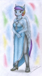 Size: 1522x2741 | Tagged: safe, artist:sinaherib, oc, oc only, oc:rainfall, pegasus, anthro, plantigrade anthro, anthro oc, breasts, cleavage, clothes, dress, female, high heels, offspring, parent:rainbow dash, parent:soarin', parents:soarindash, side slit, solo