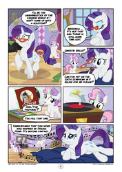 Size: 2894x4093 | Tagged: safe, artist:mister-saugrenu, octavia melody, rarity, sweetie belle, comic:art block, g4, comic, marshmelodrama, music, music notes, record player
