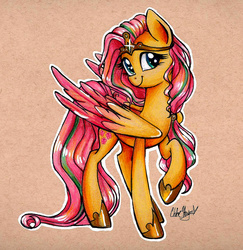 Size: 1422x1460 | Tagged: safe, artist:frostykat13, fluttershy, g4, clothes, crown, female, future, horseshoes, looking at you, mlp future universe, raised hoof, shoes, solo, tiara, traditional art