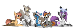 Size: 1924x698 | Tagged: safe, artist:sinrar, oc, oc only, oc:amber lighting, oc:ebony orchid, oc:hazelnut, oc:mana bomb, oc:sizzle, fallout equestria, grenade, group, lighter, magic, piercing, telekinesis, weapon