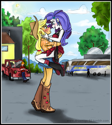 Size: 817x906 | Tagged: safe, artist:vago-xd, applejack, big macintosh, rarity, human, fanfic:a school crush, equestria girls, g4, bus, fanfic, fanfic art, female, lesbian, lesbian in front of boys, male, ship:rarijack, shipping, truck