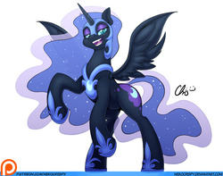 Size: 1024x805 | Tagged: safe, artist:nekocrispy, nightmare moon, alicorn, pony, g4, fangs, female, helmet, hoof shoes, horseshoes, mare, open mouth, patreon, patreon logo, peytral, raised hoof, rearing, solo