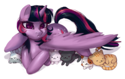 Size: 2200x1400 | Tagged: dead source, safe, artist:my-magic-dream, shadow (g4), twilight sparkle, alicorn, cat, pony, g4, cocoa (cat), covering, crazy cat lady, female, fred (cat), kitten, mare, neko atsume, pickles (cat), simple background, snowball (cat), transparent background, twilight sparkle (alicorn), wing shelter, wings