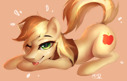 Size: 1280x815 | Tagged: dead source, safe, artist:my-magic-dream, braeburn, earth pony, pony, g4, bedroom eyes, clothes, male, simple background, solo, stallion, tongue out, vest, wink