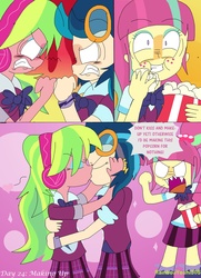 Size: 2562x3543 | Tagged: safe, artist:rainbowyoshi305, indigo zap, lemon zest, sour sweet, equestria girls, g4, my little pony equestria girls: friendship games, angry, clothes, comic, crystal prep academy uniform, eating, female, food, high res, kiss on the lips, kissing, lesbian, popcorn, school uniform, ship:lemonzap, shipping, story in the source