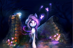 Size: 2162x1424 | Tagged: safe, artist:ramiras, oc, oc only, butterfly, earth pony, pony, floppy ears, frown, glowing, looking up, moon, night, solo