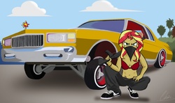 Size: 2275x1347 | Tagged: safe, artist:oinktweetstudios, sunset shimmer, equestria girls, g4, bandana, belly button, breasts, caprice, car, chevrolet, chevrolet caprice, cleavage, female, gun, lowrider, midriff, shotgun, solo, tattoo, weapon