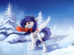 Size: 1815x1361 | Tagged: safe, artist:ramiras, oc, oc only, pegasus, pony, clothes, female, ice, mare, raised hoof, scarf, snow, solo, spread wings, tree, wings, winter