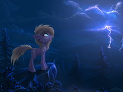 Size: 1400x1050 | Tagged: safe, artist:ramiras, oc, oc only, earth pony, pony, chest fluff, cliff, cloud, fir tree, forest, lightning, night, solo, stormcloud, tree