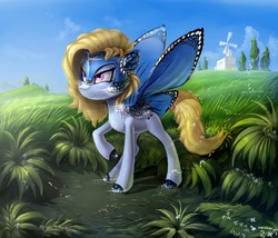 Size: 965x827 | Tagged: safe, artist:ramiras, oc, oc only, oc:blue peleide, butterfly pony, pony, butterfly wings, chest fluff, solo, windmill