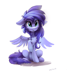 Size: 1336x1490 | Tagged: safe, artist:ramiras, oc, oc only, oc:ddye, pegasus, pony, chest fluff, floppy ears, fluffy, sitting, smiling, solo, wing fluff