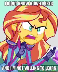Size: 608x744 | Tagged: safe, edit, edited screencap, screencap, sunset shimmer, equestria girls, g4, my little pony equestria girls: friendship games, angry, caption, female, image macro, meme, needs more jpeg, solo, sunset is not willing to learn