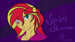 Size: 4200x2375 | Tagged: dead source, safe, artist:owlisun, sunset shimmer, equestria girls, g4, angry, badass, bandage, blood, female, solo