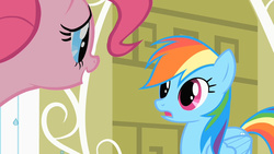 Size: 1280x720 | Tagged: safe, screencap, pinkie pie, rainbow dash, pegasus, pony, g4, party of one, cute, dashabetes, dilated pupils, female, looking at each other, mare, open mouth