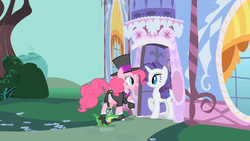 Size: 1280x720 | Tagged: safe, screencap, gummy, pinkie pie, rarity, g4, party of one, hat, top hat