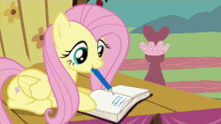 Size: 488x275 | Tagged: safe, screencap, fluttershy, pegasus, pony, filli vanilli, g4, season 4, animated, book, cute, female, fence, lying down, mouth hold, pencil, shyabetes, solo, writing