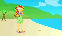 Size: 600x347 | Tagged: safe, artist:mohawgo, sunset shimmer, equestria girls, g4, animated, beach, clothes, feet, female, flower, flower in hair, grass skirt, hawaiian flower in hair, hula, hulashimmer, lei, sandals, skirt, solo, wind