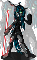 Size: 600x968 | Tagged: safe, artist:xjkenny, queen chrysalis, changeling, changeling queen, anthro, unguligrade anthro, g4, arm hooves, clothes, crossover, double lightsaber, female, hoof hold, lightsaber, robe, sith, solo, star wars, weapon, zoom layer
