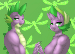 Size: 990x715 | Tagged: safe, artist:lurking tyger, spike, anthro, g4, barb, breasts, featureless breasts, female, male, ponified spike, rule 63, self ponidox, selfcest, ship:spikebarb, shipping, sideboob, straight