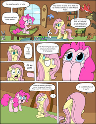 Size: 1024x1322 | Tagged: safe, artist:average-00, angel bunny, fluttershy, gummy, harry, pinkie pie, bird, mouse, pony, squirrel, comic:opposites, g4, animal, comic