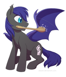 Size: 1064x1236 | Tagged: safe, artist:akeahi, oc, oc only, oc:au hasard, bat pony, pony, brush, brushie, brushing, cleaning, fangs, mouth hold, simple background, sitting, slit pupils, solo, transparent background