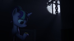 Size: 1920x1080 | Tagged: safe, starlight glimmer, pony, unicorn, g4, 3d, chains, eyebrows, female, looking down, moon, night, sad, sad face, sadlight glimmer, solo, source filmmaker, team fortress 2, window